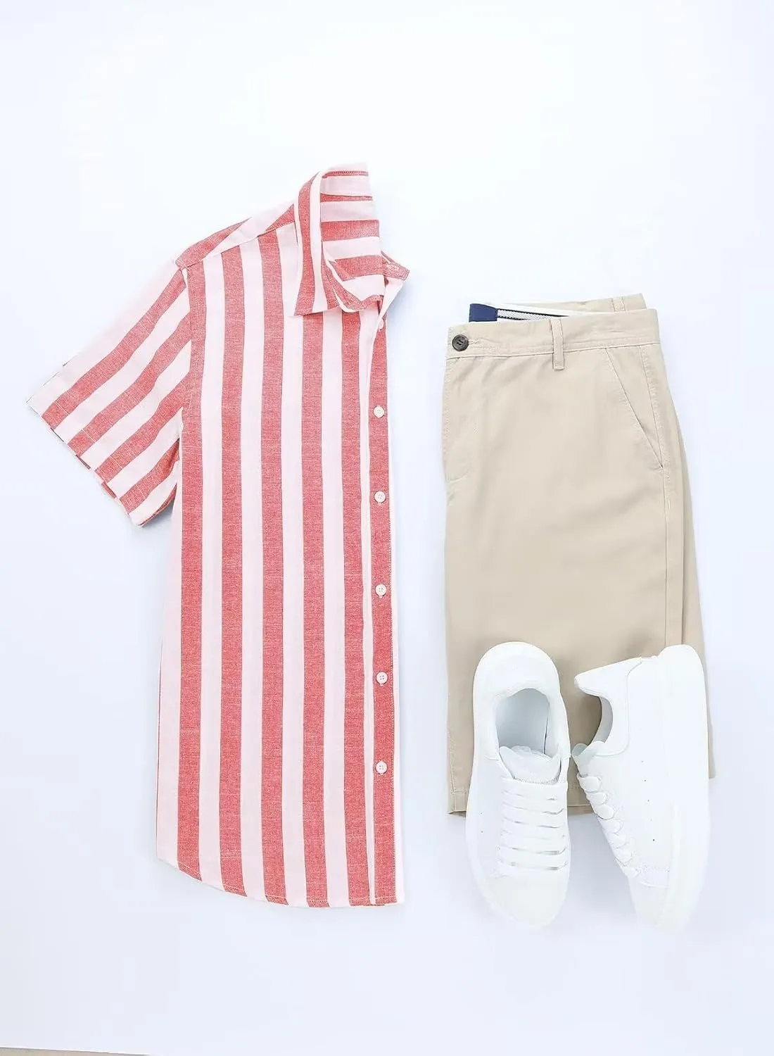 JMIERR Men's Casual Stylish Short Sleeve Button-Up Striped Dress Shirts Cotton Beach Shirt