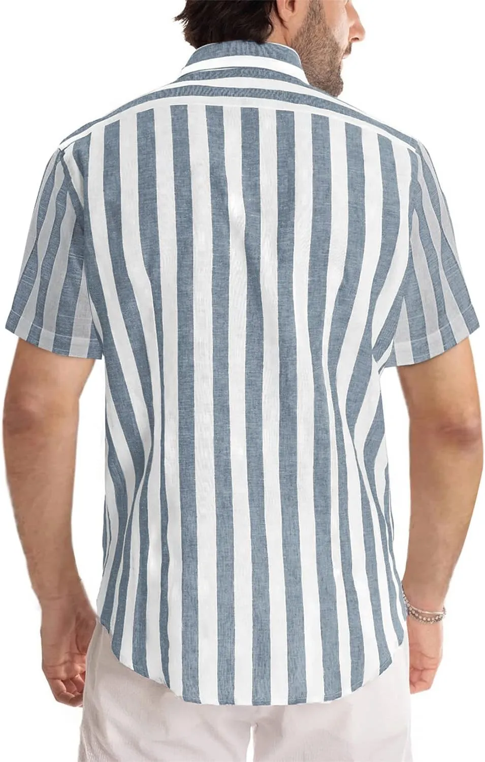 JMIERR Men's Casual Stylish Short Sleeve Button-Up Striped Dress Shirts Cotton Beach Shirt