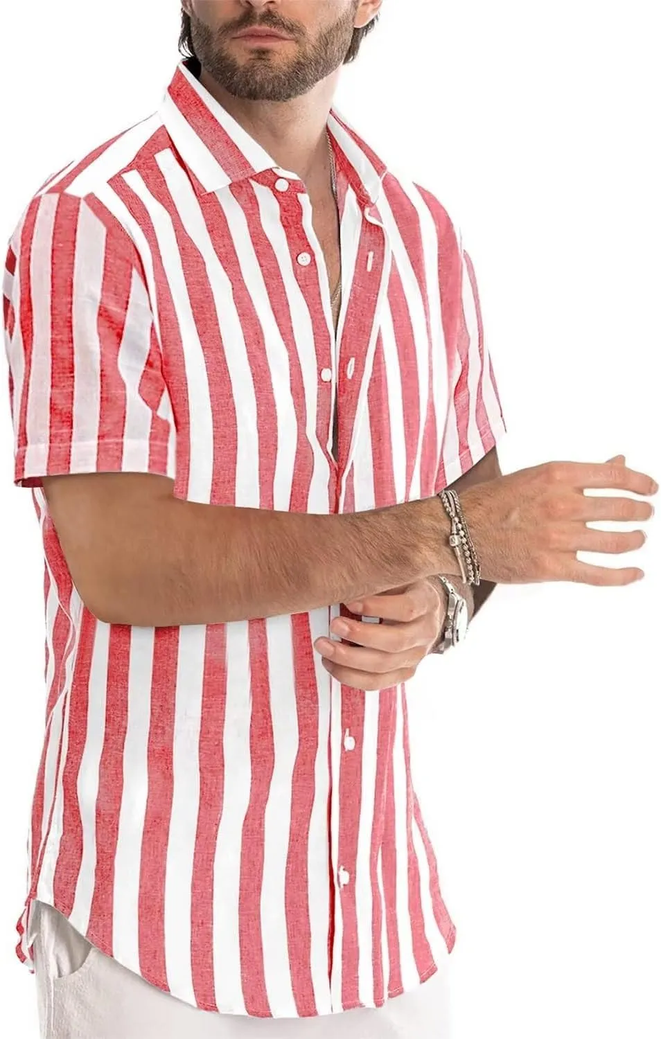 JMIERR Men's Casual Stylish Short Sleeve Button-Up Striped Dress Shirts Cotton Beach Shirt