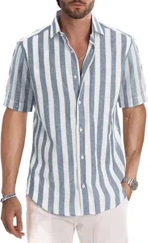 JMIERR Men's Casual Stylish Short Sleeve Button-Up Striped Dress Shirts Cotton Beach Shirt