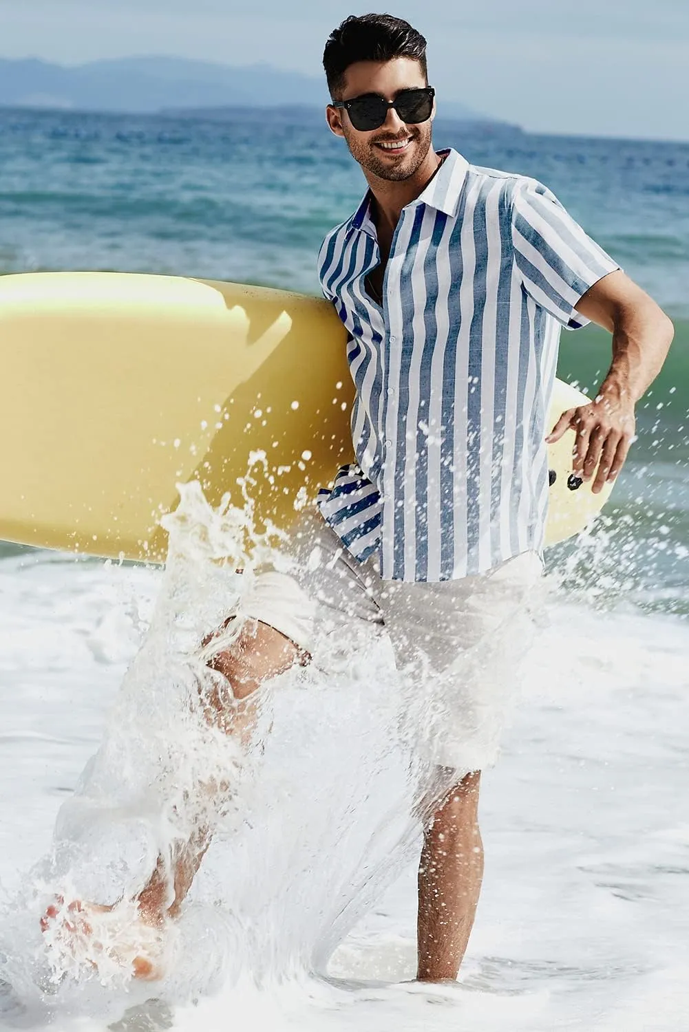 JMIERR Men's Casual Stylish Short Sleeve Button-Up Striped Dress Shirts Cotton Beach Shirt