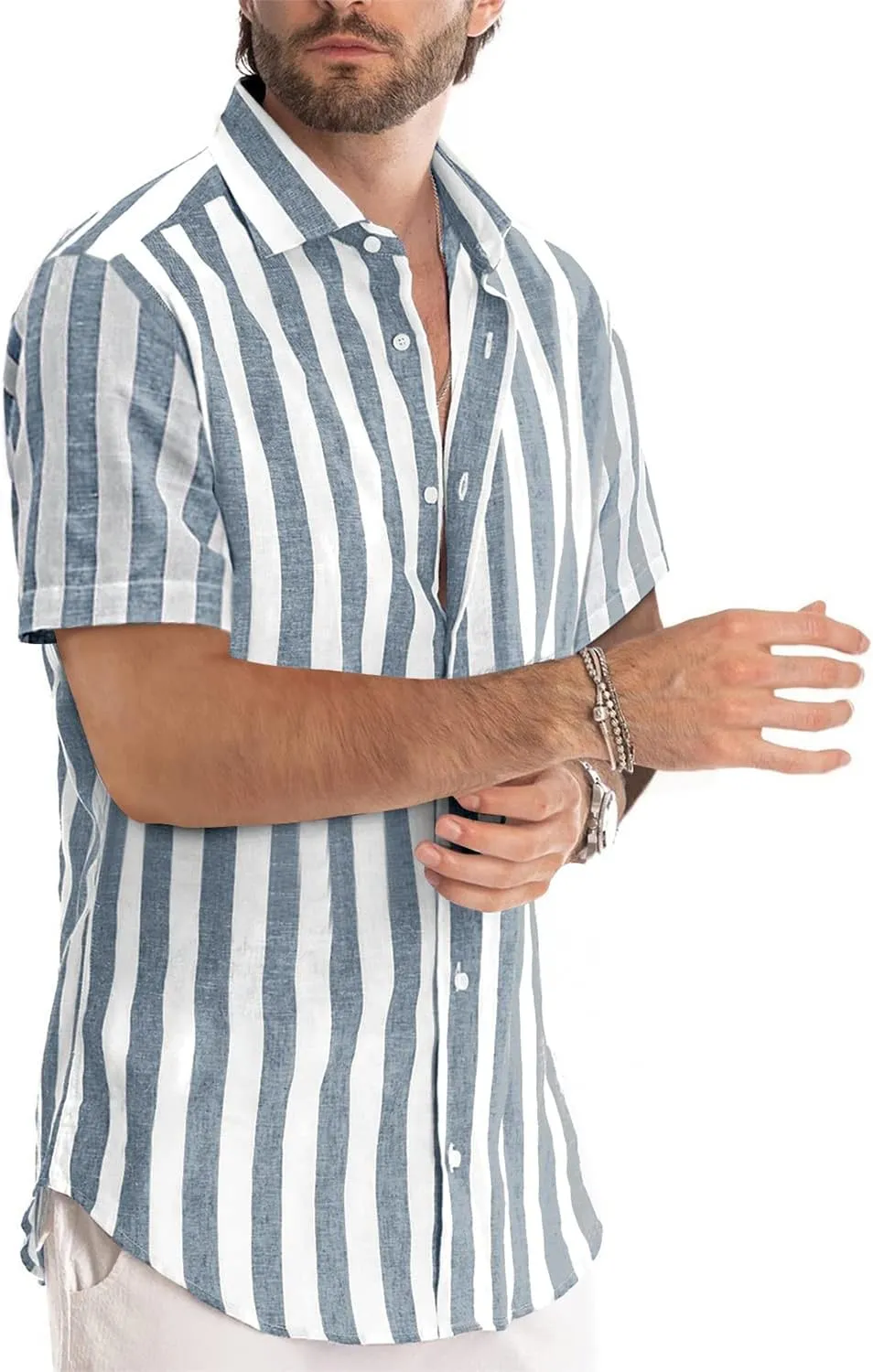 JMIERR Men's Casual Stylish Short Sleeve Button-Up Striped Dress Shirts Cotton Beach Shirt