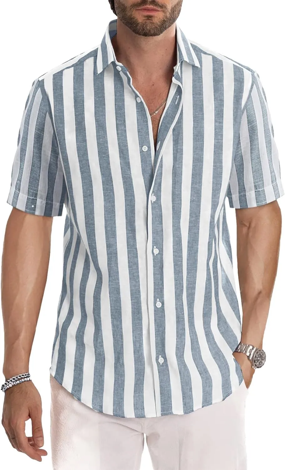 JMIERR Men's Casual Stylish Short Sleeve Button-Up Striped Dress Shirts Cotton Beach Shirt
