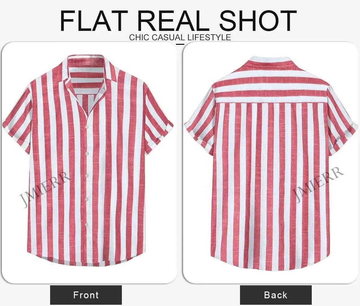 JMIERR Men's Casual Stylish Short Sleeve Button-Up Striped Dress Shirts Cotton Beach Shirt