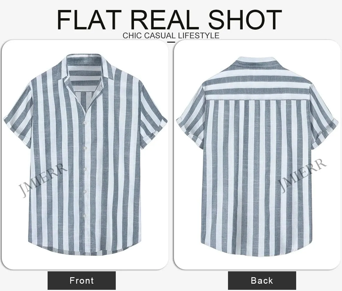 JMIERR Men's Casual Stylish Short Sleeve Button-Up Striped Dress Shirts Cotton Beach Shirt