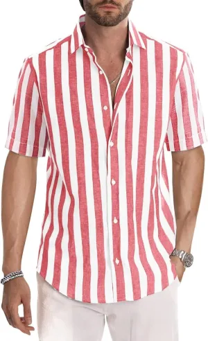 JMIERR Men's Casual Stylish Short Sleeve Button-Up Striped Dress Shirts Cotton Beach Shirt