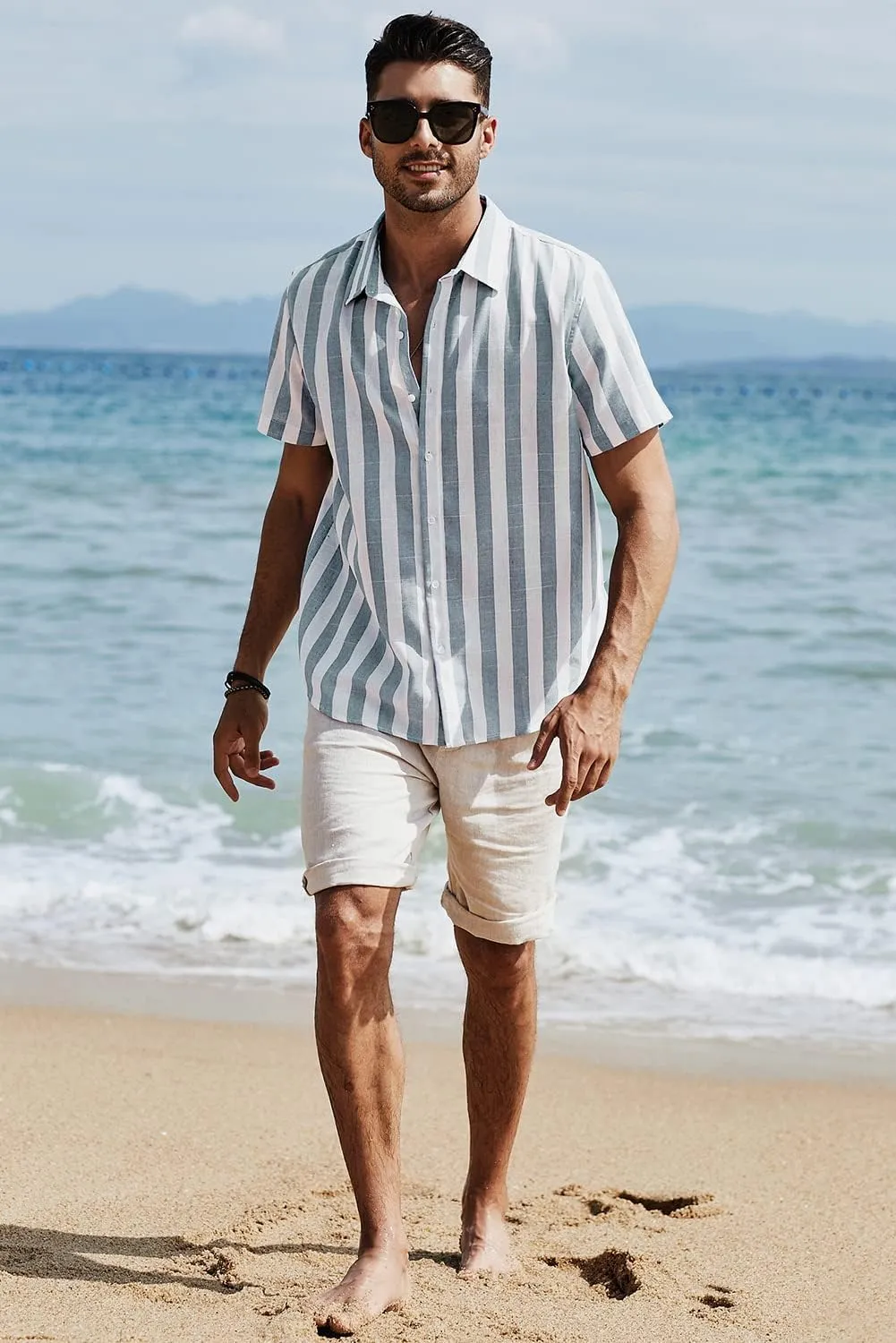 JMIERR Men's Casual Stylish Short Sleeve Button-Up Striped Dress Shirts Cotton Beach Shirt