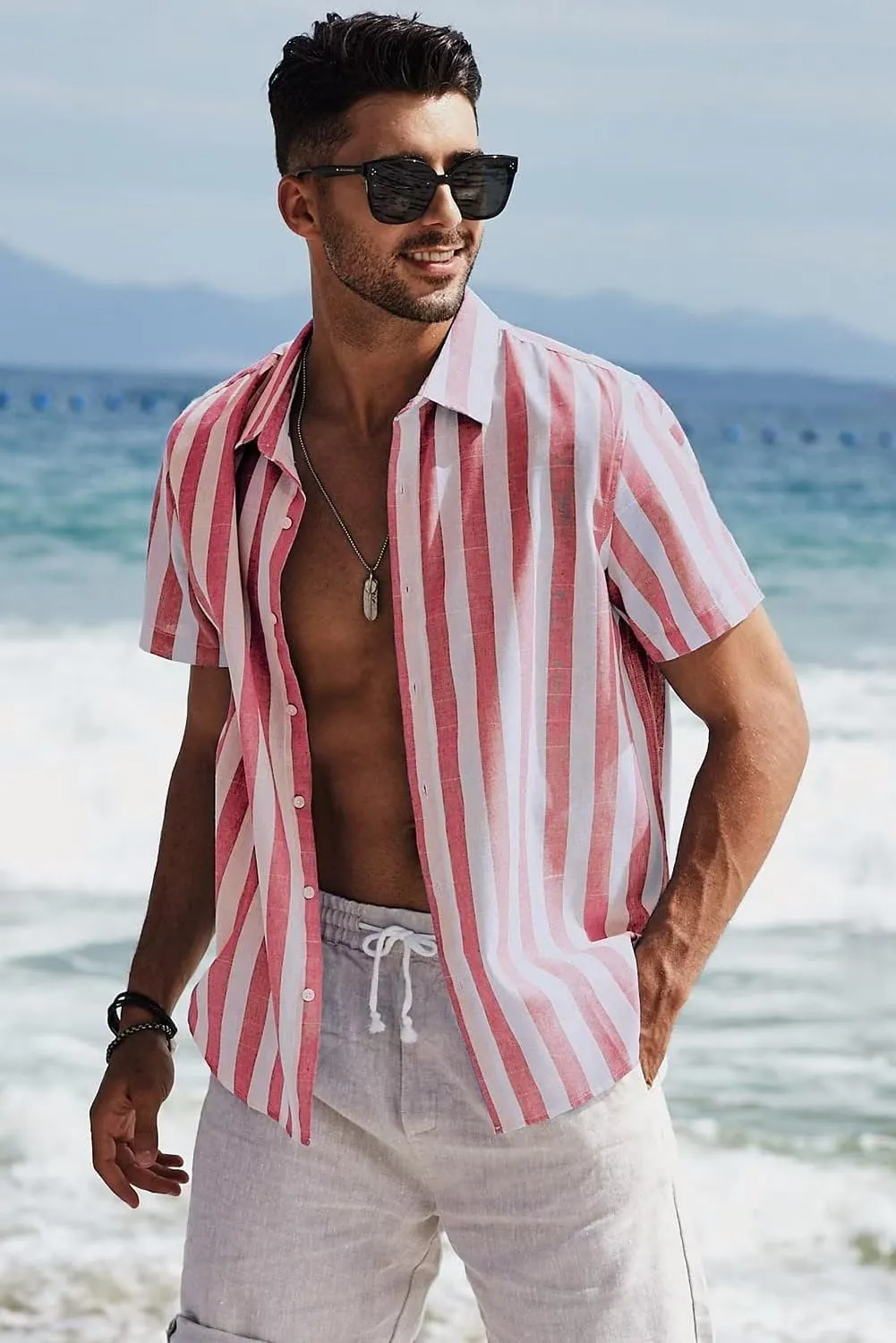 JMIERR Men's Casual Stylish Short Sleeve Button-Up Striped Dress Shirts Cotton Beach Shirt