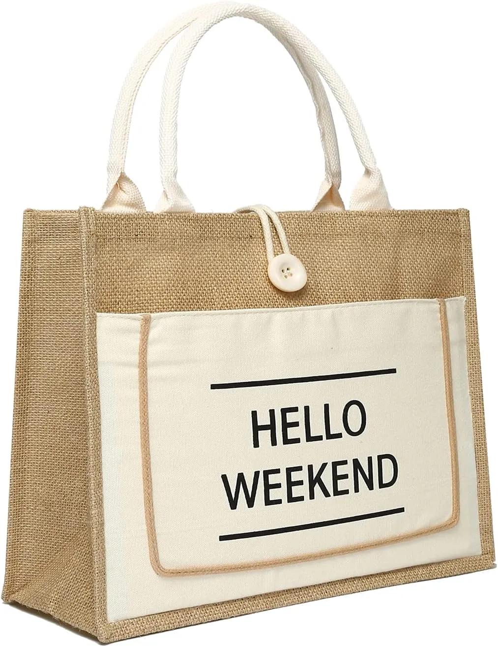 JOLLQUE Jute Beach Tote for Women, Reusable Grocery Shopping Bag with Handle.