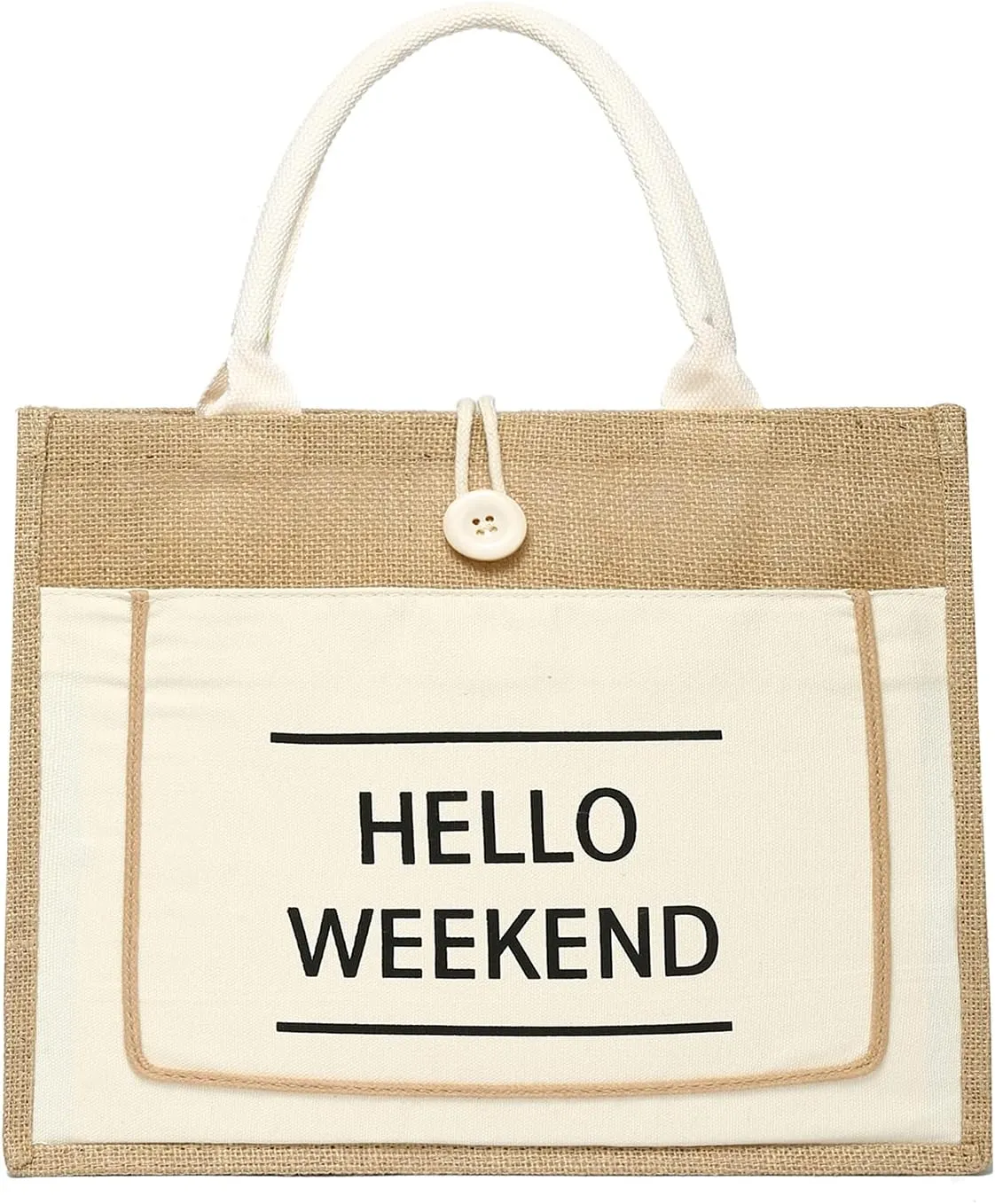 JOLLQUE Jute Beach Tote for Women, Reusable Grocery Shopping Bag with Handle.