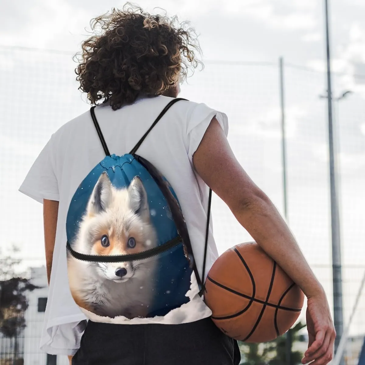 JooMeryer Boy Men Cool Animal Drawstring Bags Wolf Fox Printed Lightweight Sports Gym Backpack Bag with Front Zippper Pocket,Cute Ice Fox