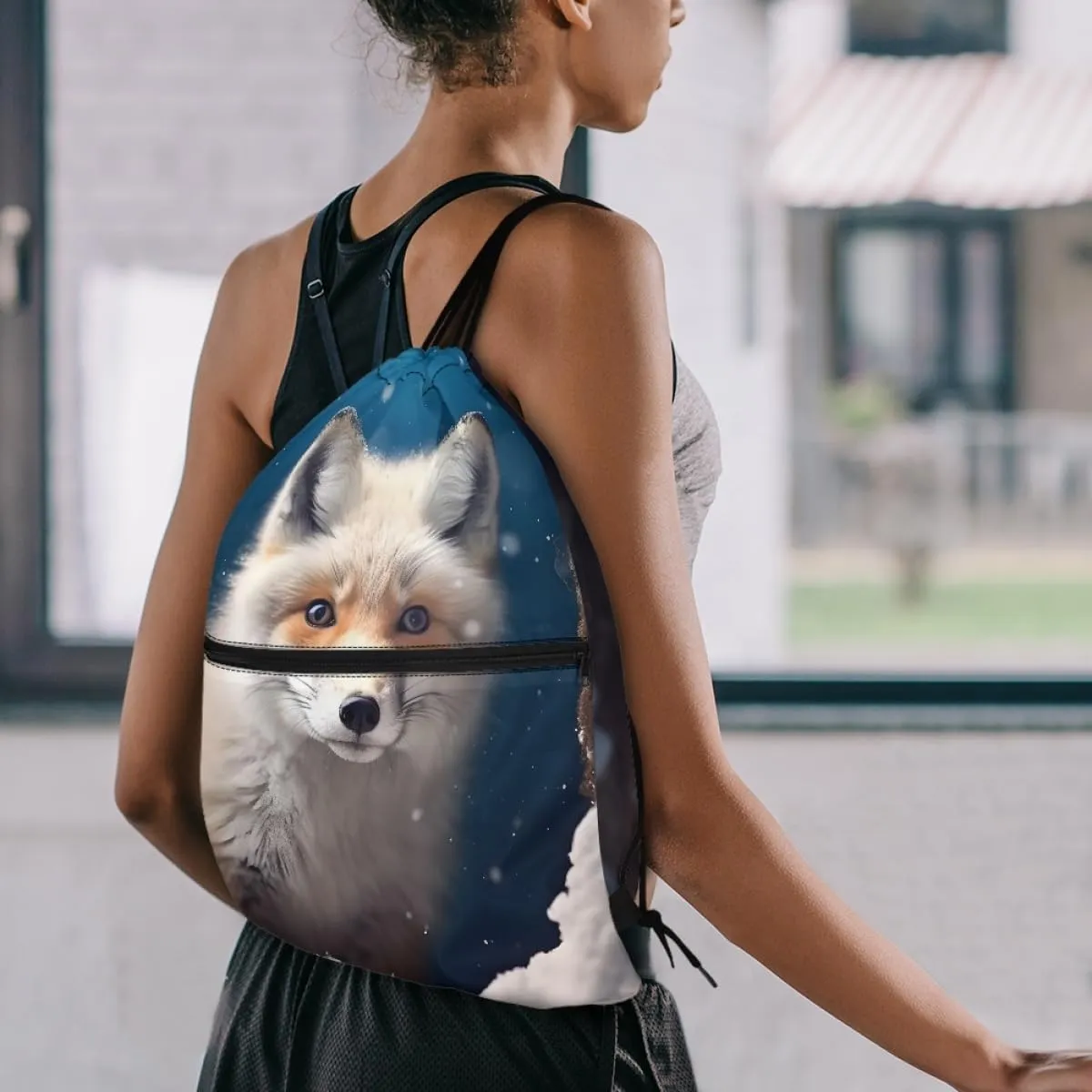 JooMeryer Boy Men Cool Animal Drawstring Bags Wolf Fox Printed Lightweight Sports Gym Backpack Bag with Front Zippper Pocket,Cute Ice Fox