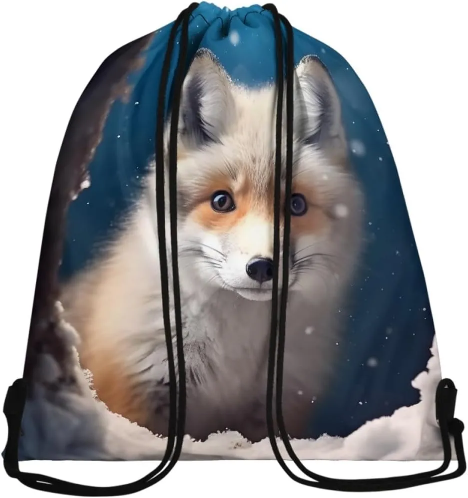 JooMeryer Boy Men Cool Animal Drawstring Bags Wolf Fox Printed Lightweight Sports Gym Backpack Bag with Front Zippper Pocket,Cute Ice Fox