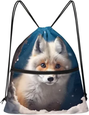 JooMeryer Boy Men Cool Animal Drawstring Bags Wolf Fox Printed Lightweight Sports Gym Backpack Bag with Front Zippper Pocket,Cute Ice Fox