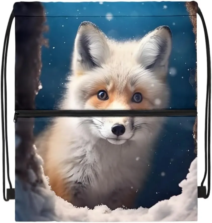 JooMeryer Boy Men Cool Animal Drawstring Bags Wolf Fox Printed Lightweight Sports Gym Backpack Bag with Front Zippper Pocket,Cute Ice Fox