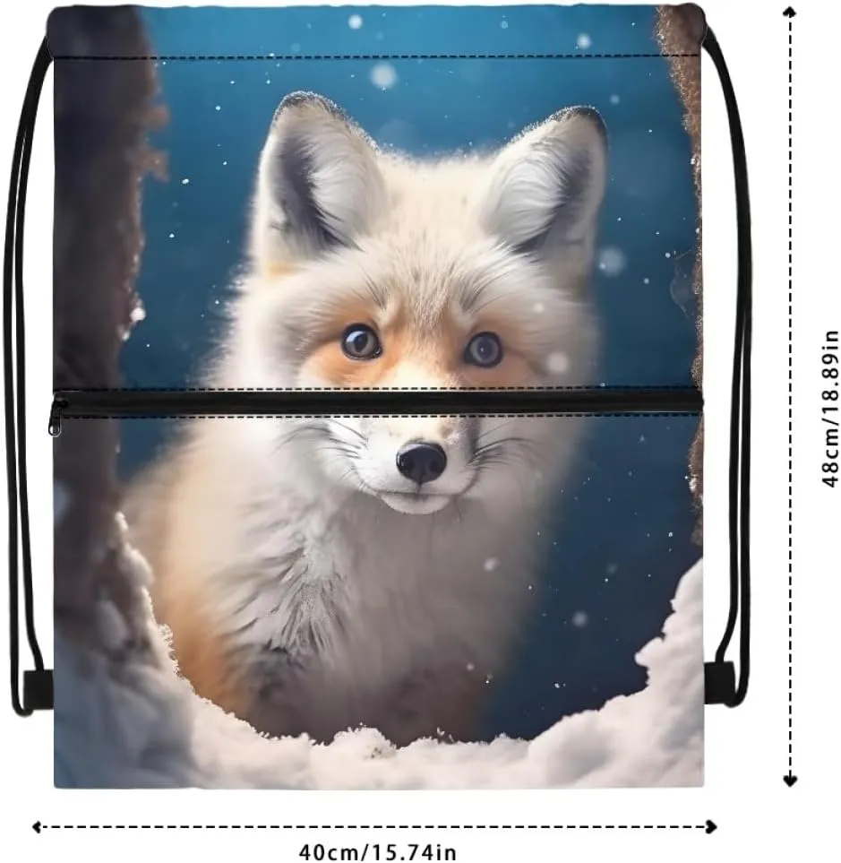 JooMeryer Boy Men Cool Animal Drawstring Bags Wolf Fox Printed Lightweight Sports Gym Backpack Bag with Front Zippper Pocket,Cute Ice Fox
