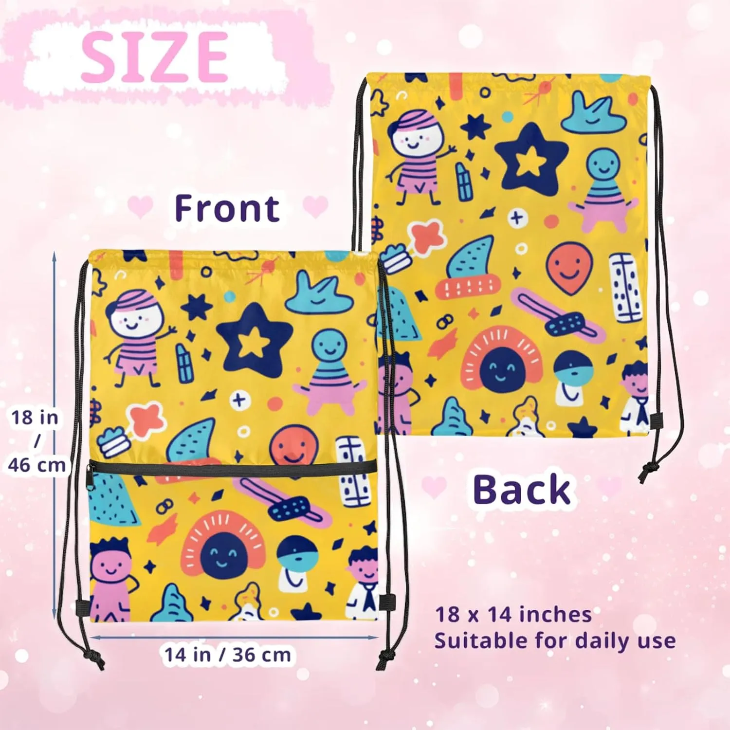Joyful Doodles Polyester Drawstring Bag with Zipper Pocket, 18x14 Inch Water-Resistant Gym Sack String Backpack for Sports, Travel, Camping