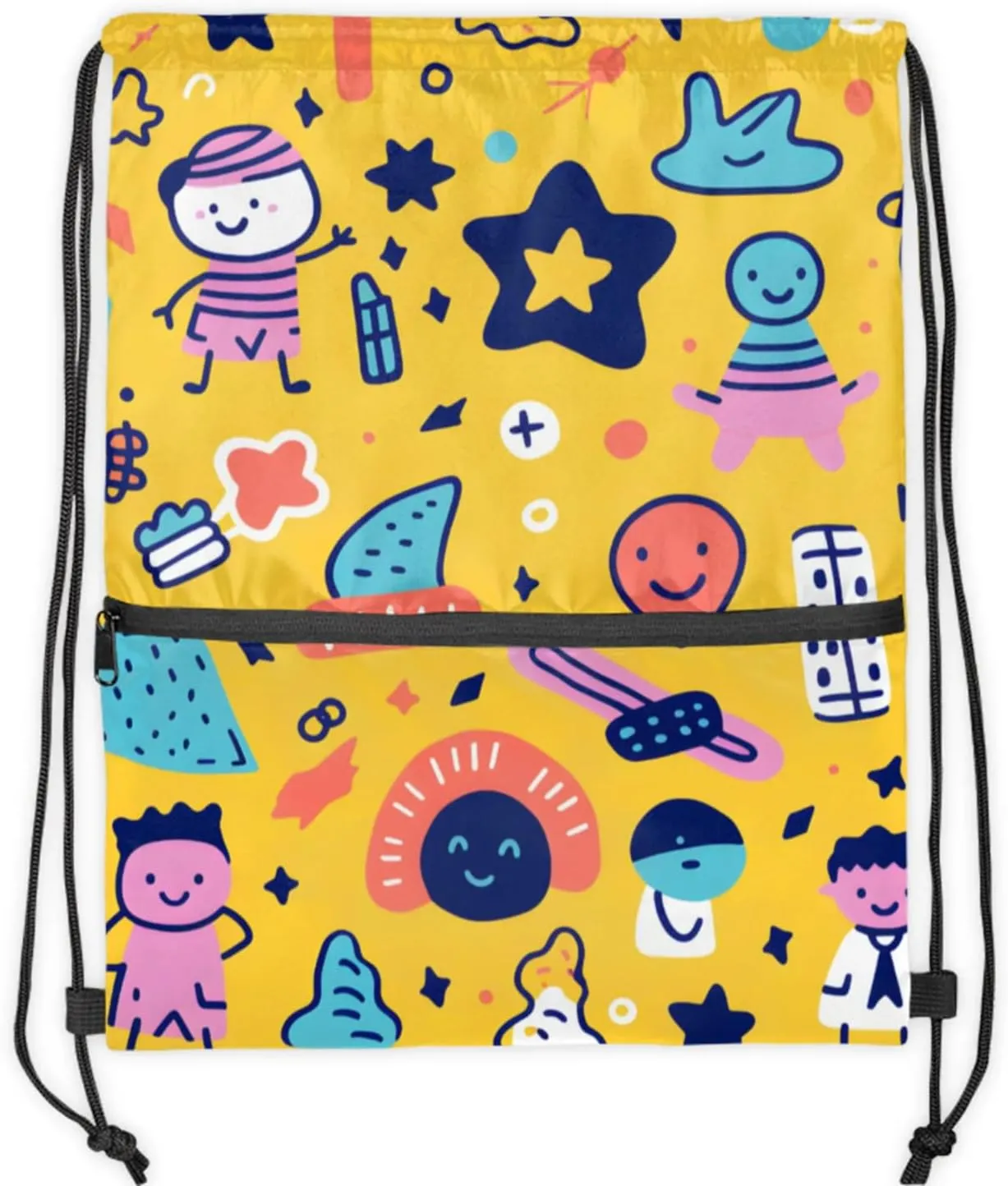 Joyful Doodles Polyester Drawstring Bag with Zipper Pocket, 18x14 Inch Water-Resistant Gym Sack String Backpack for Sports, Travel, Camping