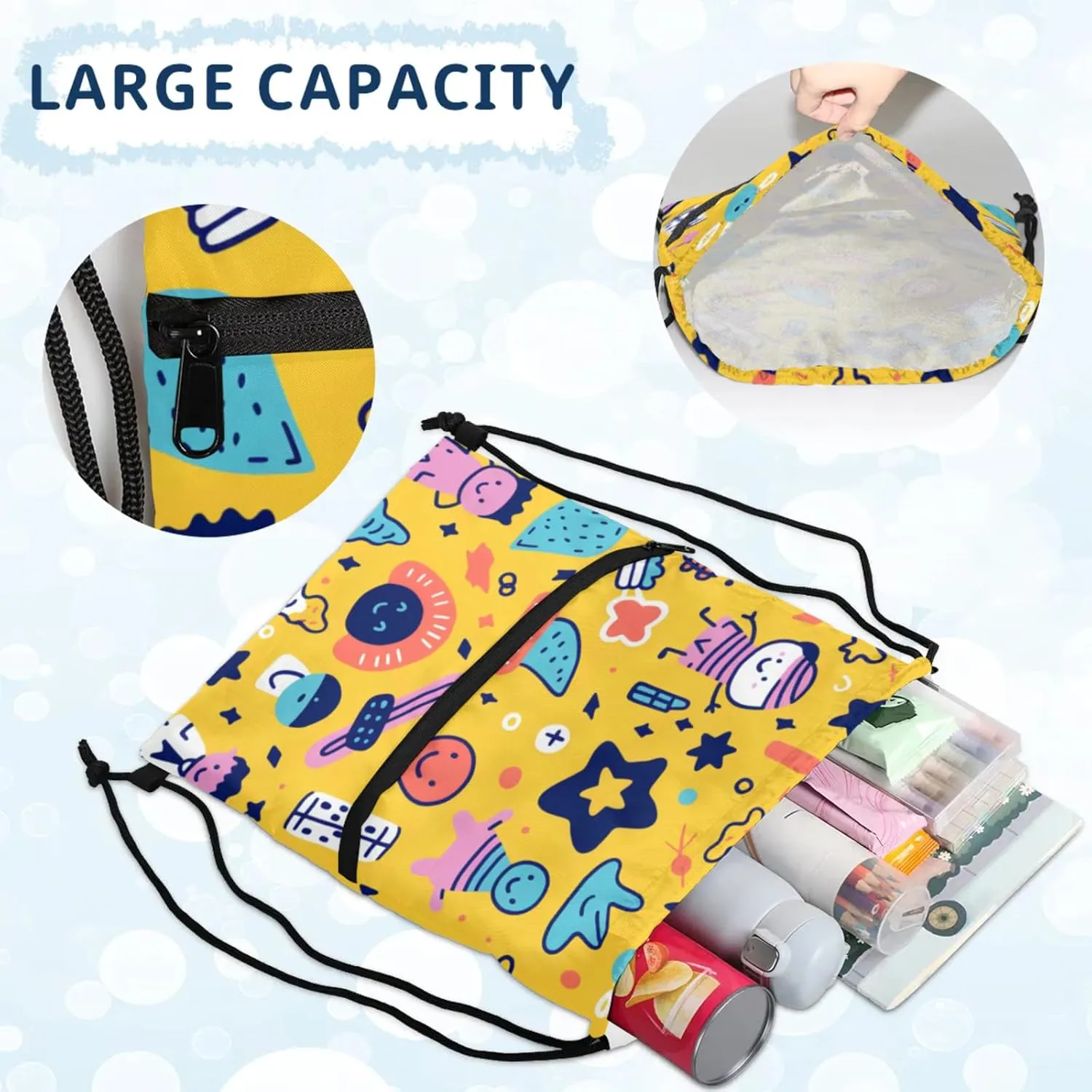 Joyful Doodles Polyester Drawstring Bag with Zipper Pocket, 18x14 Inch Water-Resistant Gym Sack String Backpack for Sports, Travel, Camping