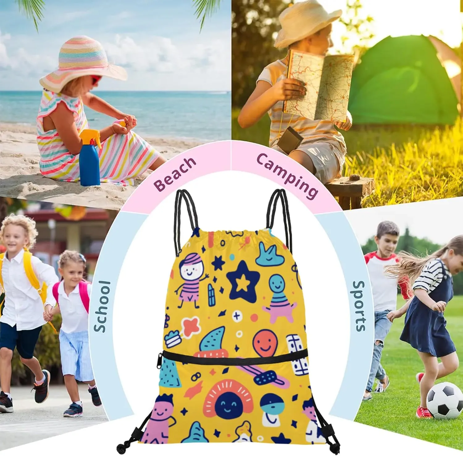 Joyful Doodles Polyester Drawstring Bag with Zipper Pocket, 18x14 Inch Water-Resistant Gym Sack String Backpack for Sports, Travel, Camping