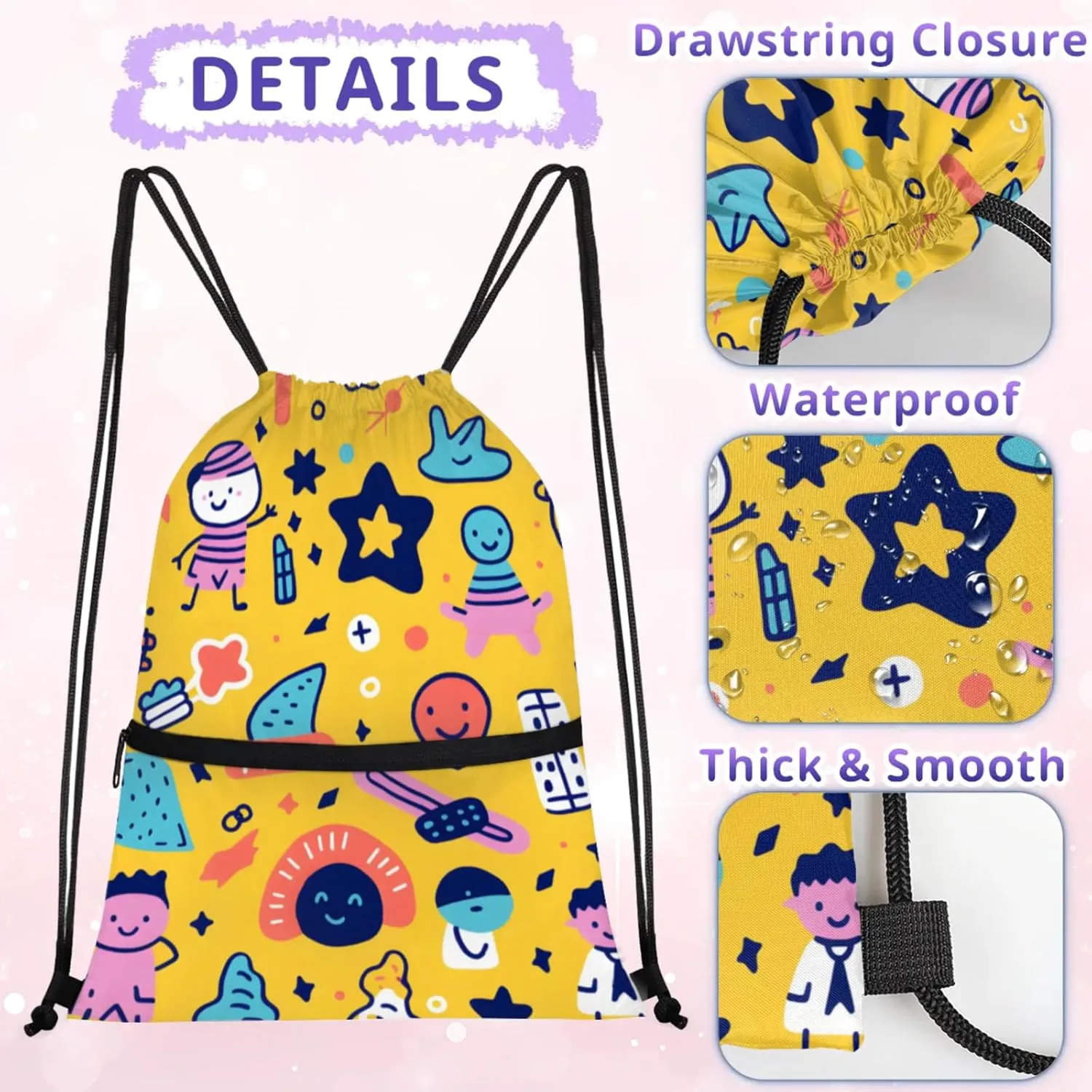 Joyful Doodles Polyester Drawstring Bag with Zipper Pocket, 18x14 Inch Water-Resistant Gym Sack String Backpack for Sports, Travel, Camping