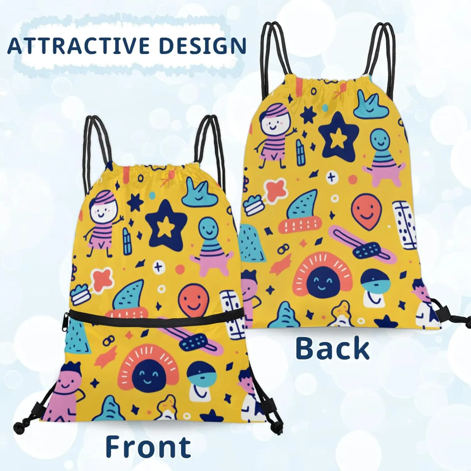 Joyful Doodles Polyester Drawstring Bag with Zipper Pocket, 18x14 Inch Water-Resistant Gym Sack String Backpack for Sports, Travel, Camping