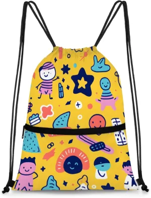 Joyful Doodles Polyester Drawstring Bag with Zipper Pocket, 18x14 Inch Water-Resistant Gym Sack String Backpack for Sports, Travel, Camping