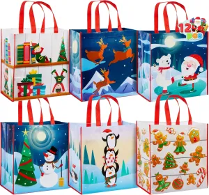 JOYIN 12 PCS 13.75" x 14" Christmas Large Tote Bags Holiday Reusable Grocery Bags for Classroom Party Favor Supplies