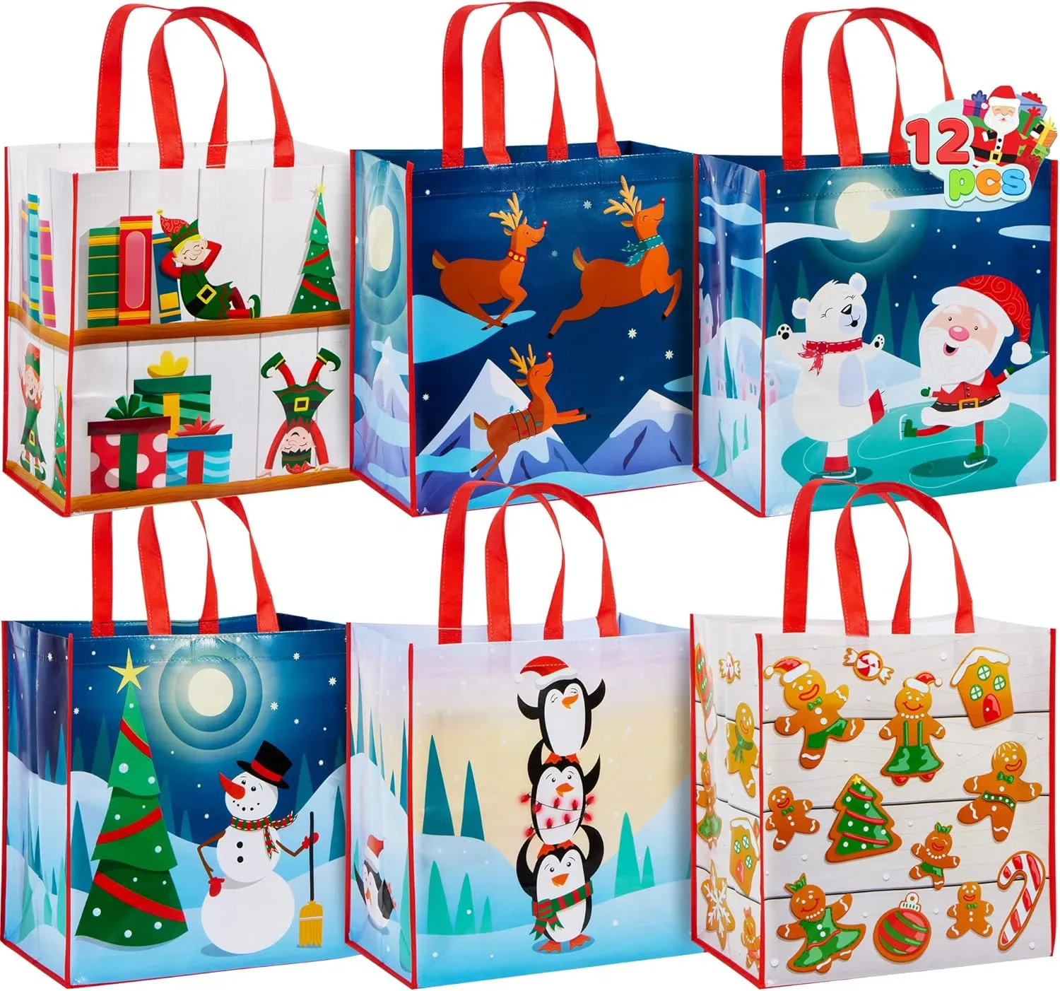 JOYIN 12 PCS 13.75" x 14" Christmas Large Tote Bags Holiday Reusable Grocery Bags for Classroom Party Favor Supplies
