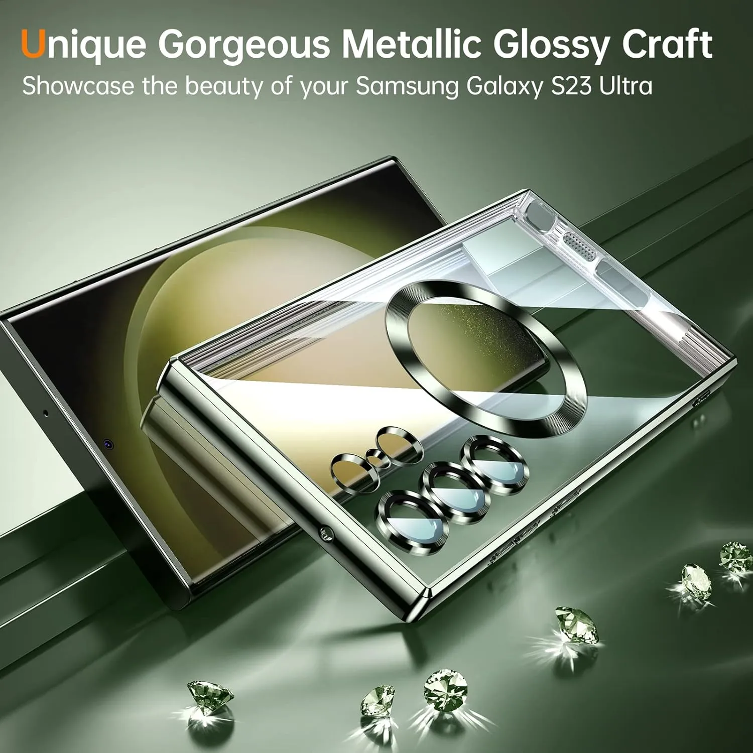 JUESHITUO for Samsung Galaxy S23 Ultra Case, [Full Camera Cover Protection] [Compatible with MagSafe] Magnetic Metallic Glossy Slim Clear Luxury Soft Case for Galaxy S23 Ultra 6.8 inch -Botanic Green