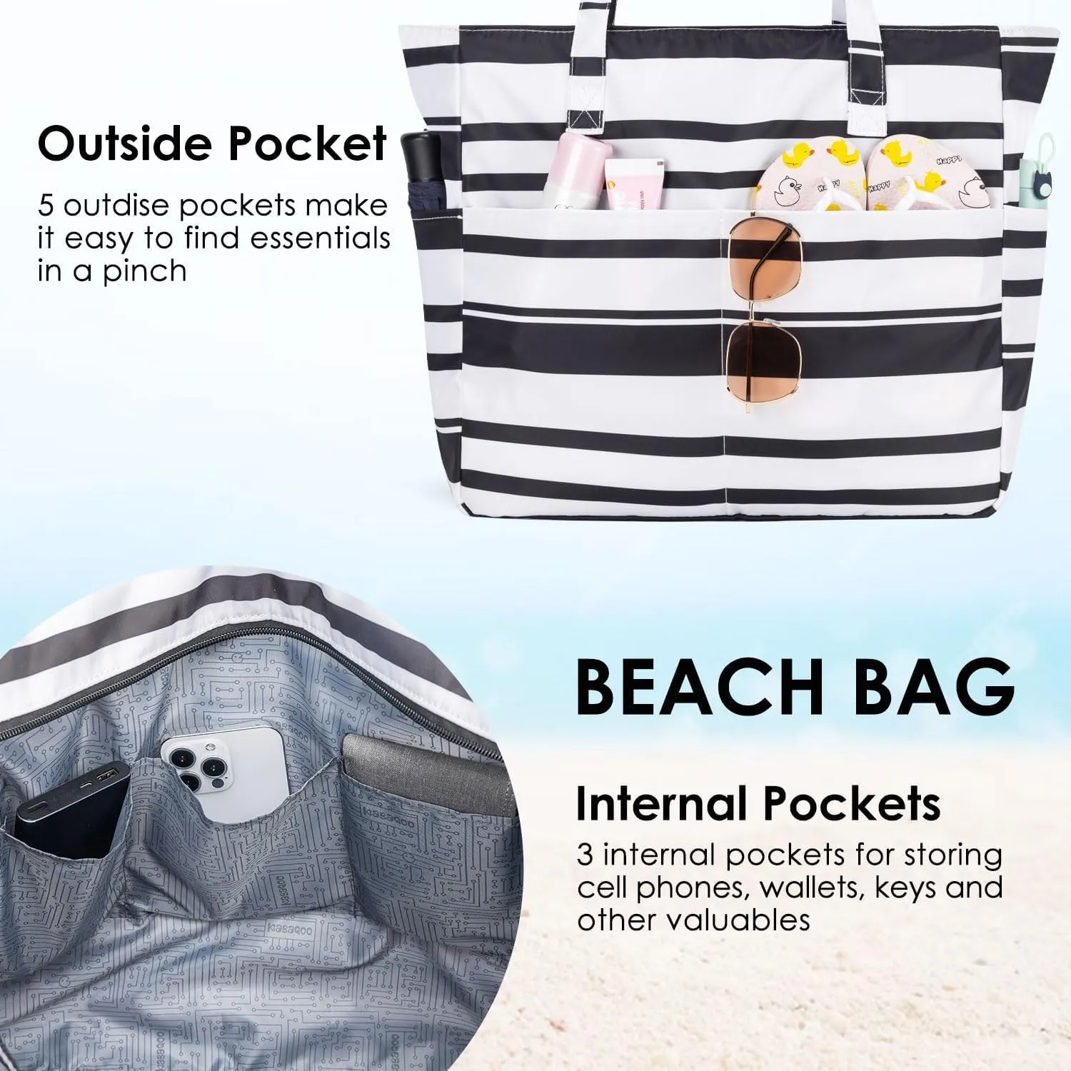 KABAQOO Extra Large Beach Bag Waterproof Sandproof Women Beach Tote with Zipper & Wet Compartment for Pool Gym Grocery Travel