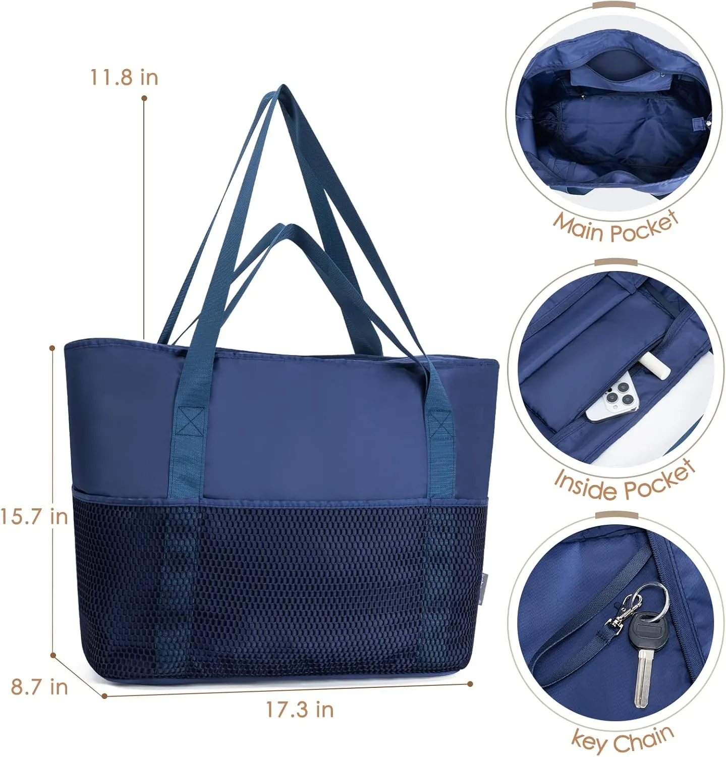 KABAQOO Large Beach Bag Waterproof Sandproof Tote Bag for Women with Zipper & Mesh Pockets for Pool Swim Travel Everyday