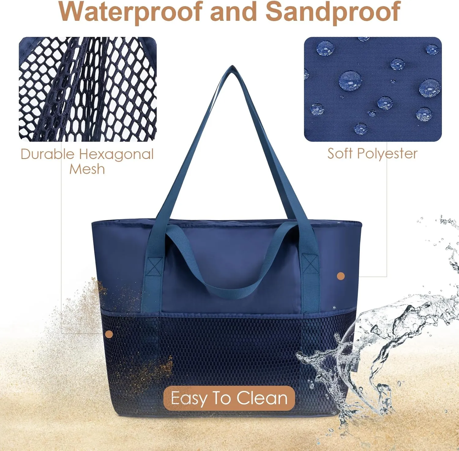 KABAQOO Large Beach Bag Waterproof Sandproof Tote Bag for Women with Zipper & Mesh Pockets for Pool Swim Travel Everyday
