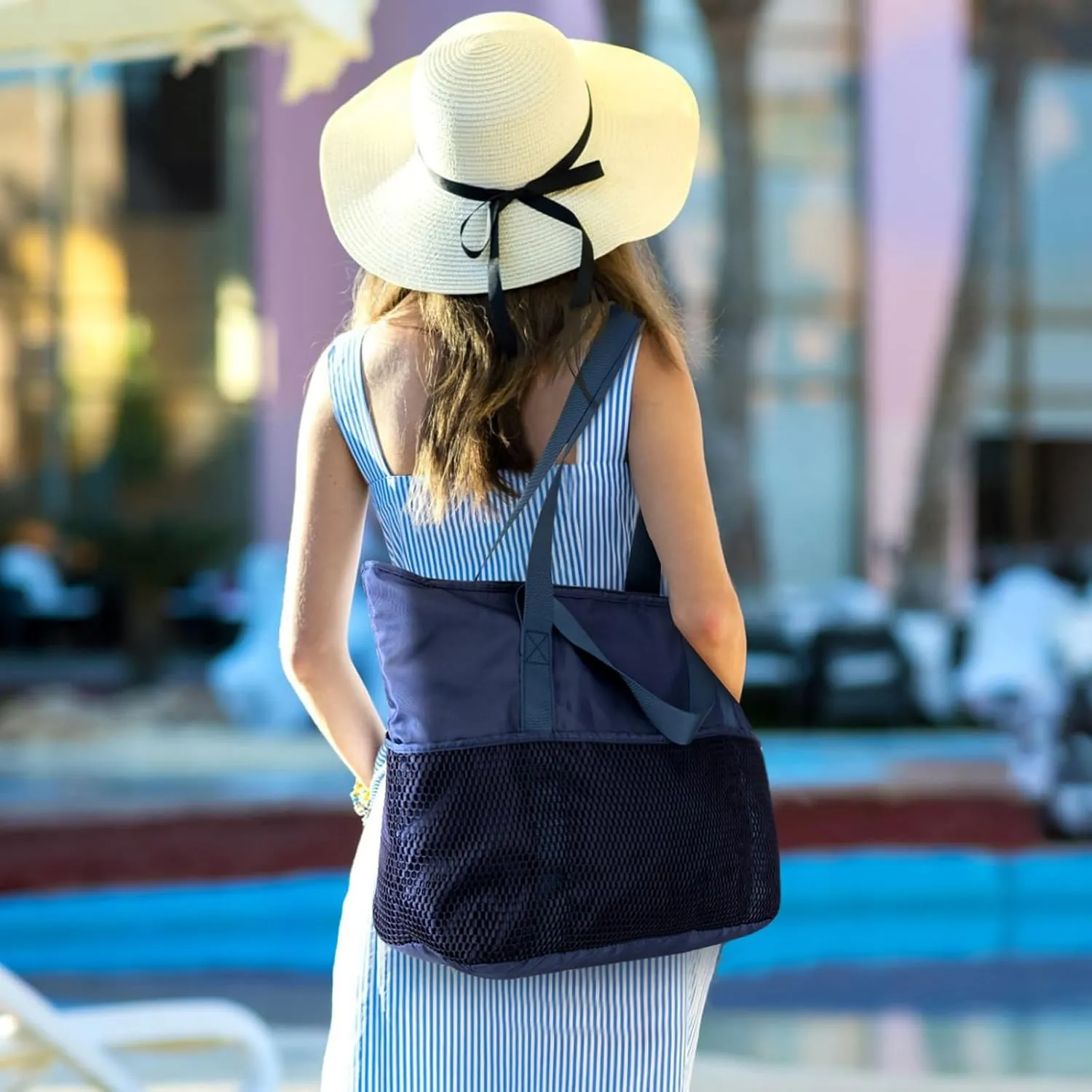 KABAQOO Large Beach Bag Waterproof Sandproof Tote Bag for Women with Zipper & Mesh Pockets for Pool Swim Travel Everyday