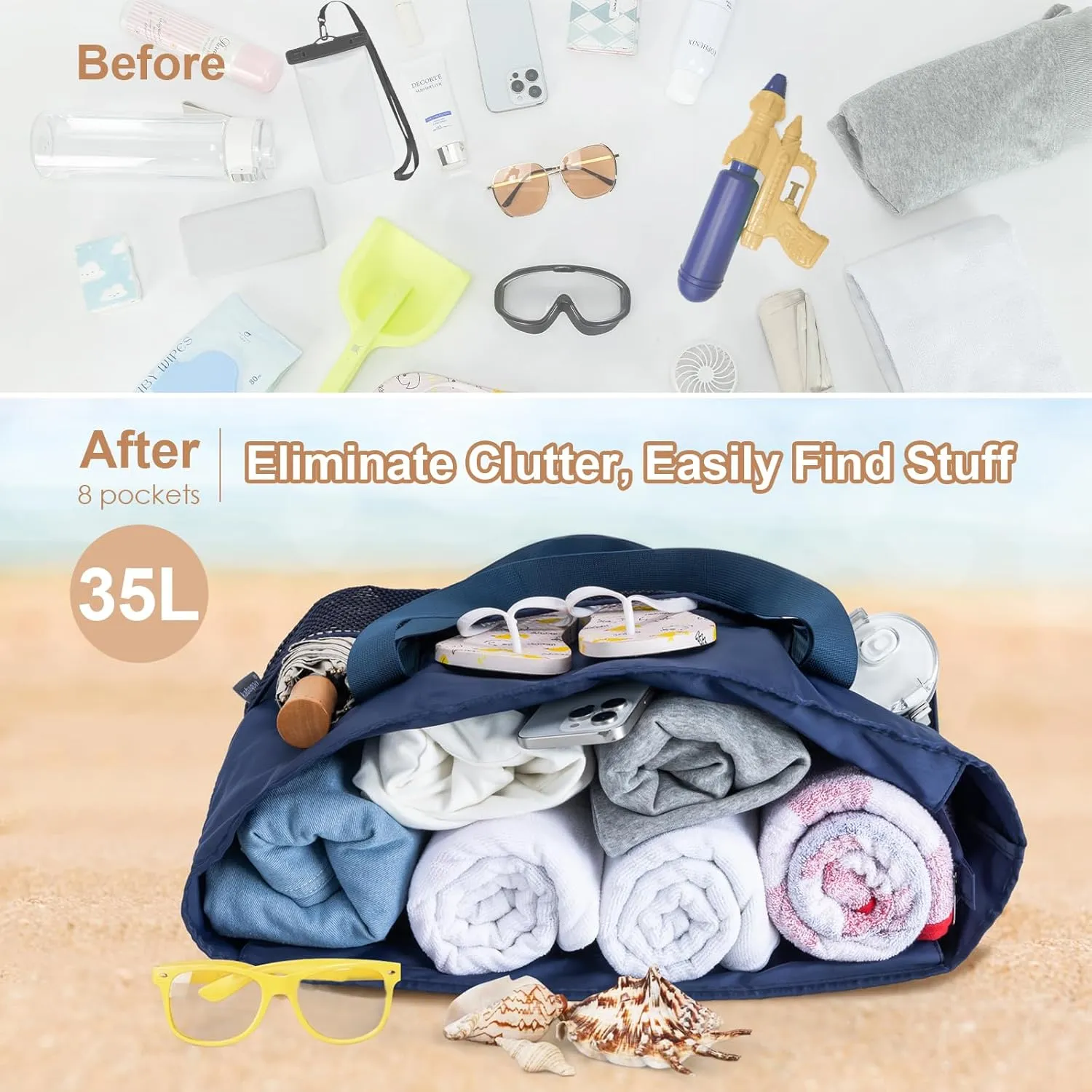 KABAQOO Large Beach Bag Waterproof Sandproof Tote Bag for Women with Zipper & Mesh Pockets for Pool Swim Travel Everyday