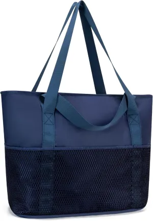 KABAQOO Large Beach Bag Waterproof Sandproof Tote Bag for Women with Zipper & Mesh Pockets for Pool Swim Travel Everyday