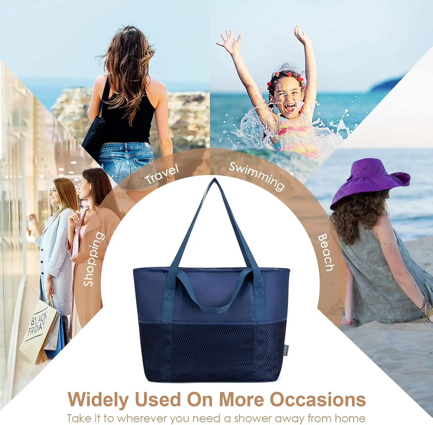 KABAQOO Large Beach Bag Waterproof Sandproof Tote Bag for Women with Zipper & Mesh Pockets for Pool Swim Travel Everyday