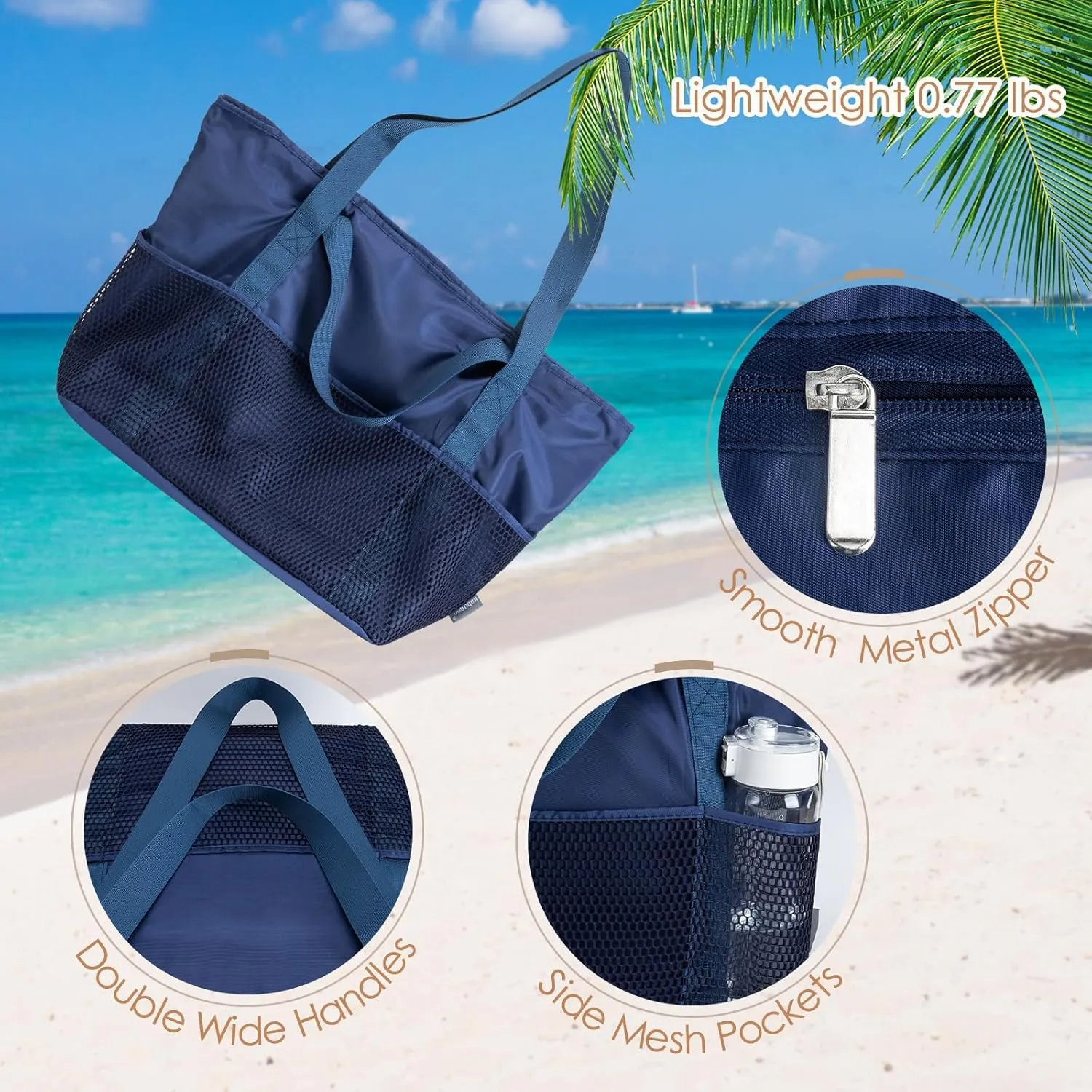 KABAQOO Large Beach Bag Waterproof Sandproof Tote Bag for Women with Zipper & Mesh Pockets for Pool Swim Travel Everyday