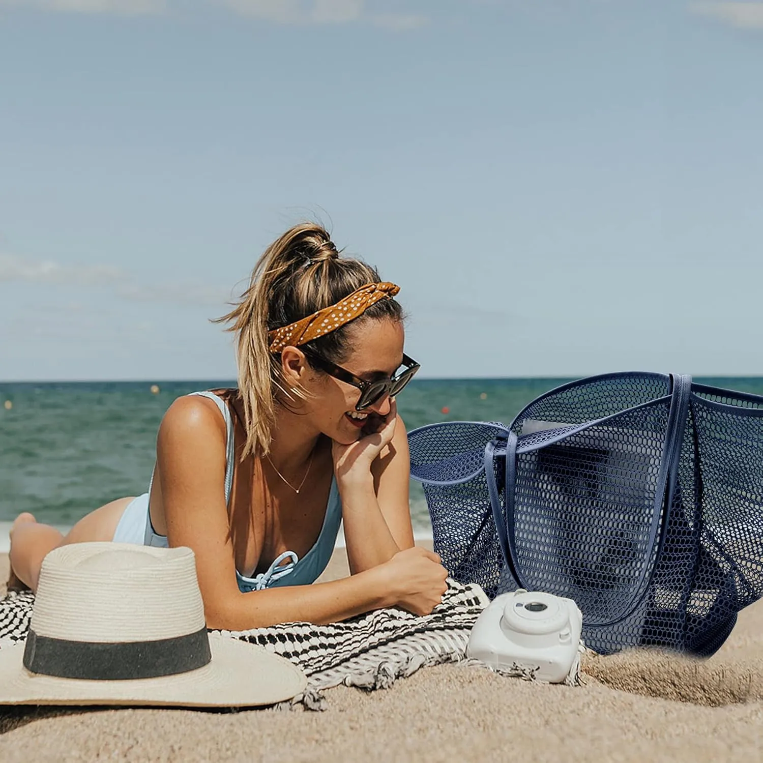 KALIDI BeachNylon Mesh Tote Bag, Casual Tote Bag Hobo Women Foldable MAX 23L Shoulder Bag For Beach Picnic Vacation