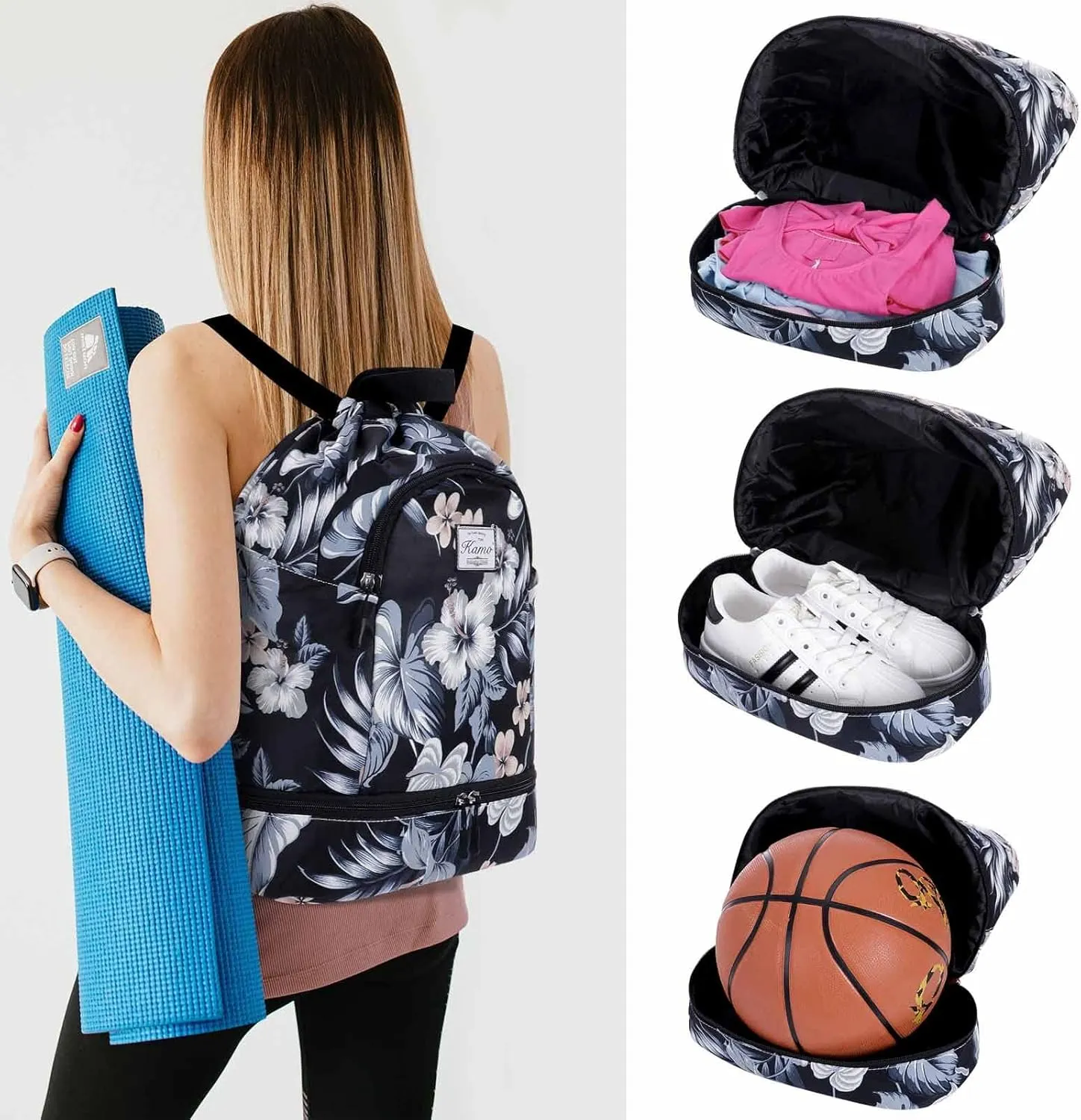 KAMO Drawstring Backpack Bag - Sport Swimming Yoga Backpack with Shoe Compartment, Two Water Bottle Holder for Men Women Large String Backpack Athletic Sackpack for Travel