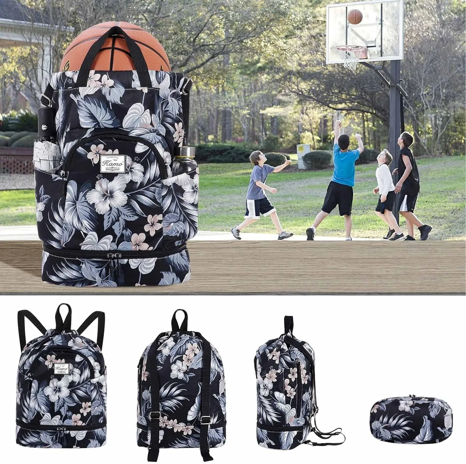 KAMO Drawstring Backpack Bag - Sport Swimming Yoga Backpack with Shoe Compartment, Two Water Bottle Holder for Men Women Large String Backpack Athletic Sackpack for Travel