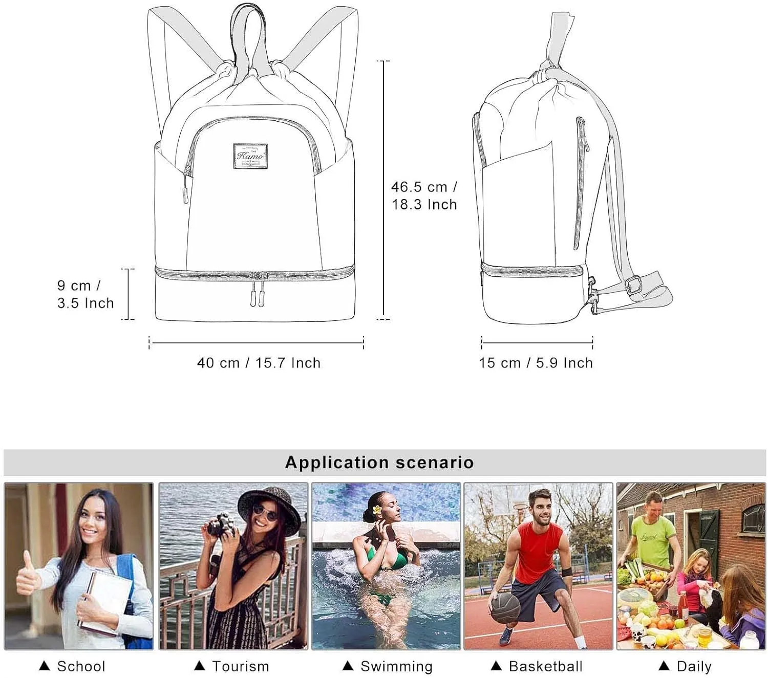 KAMO Drawstring Backpack Bag - Sport Swimming Yoga Backpack with Shoe Compartment, Two Water Bottle Holder for Men Women Large String Backpack Athletic Sackpack for Travel