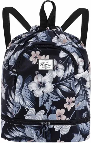 KAMO Drawstring Backpack Bag - Sport Swimming Yoga Backpack with Shoe Compartment, Two Water Bottle Holder for Men Women Large String Backpack Athletic Sackpack for Travel