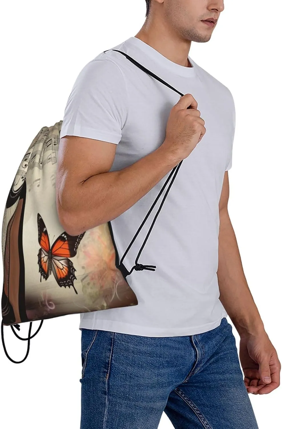 KHiry Drawstring Backpack Waterproof String Bag Harp and Butterfly Drawstring Sackpack Gym Bag for Man Woman