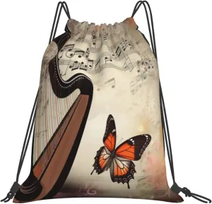 KHiry Drawstring Backpack Waterproof String Bag Harp and Butterfly Drawstring Sackpack Gym Bag for Man Woman