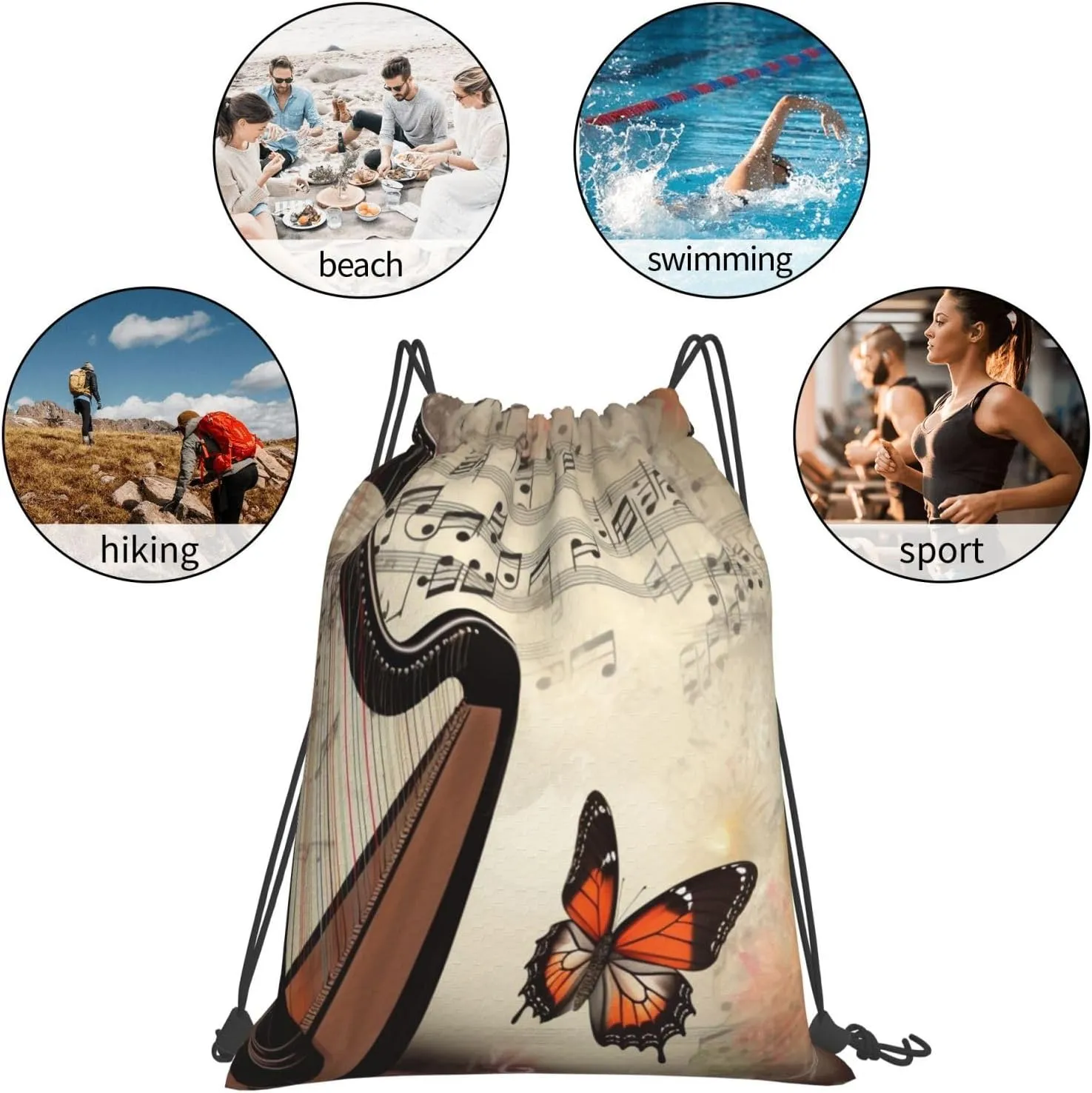 KHiry Drawstring Backpack Waterproof String Bag Harp and Butterfly Drawstring Sackpack Gym Bag for Man Woman