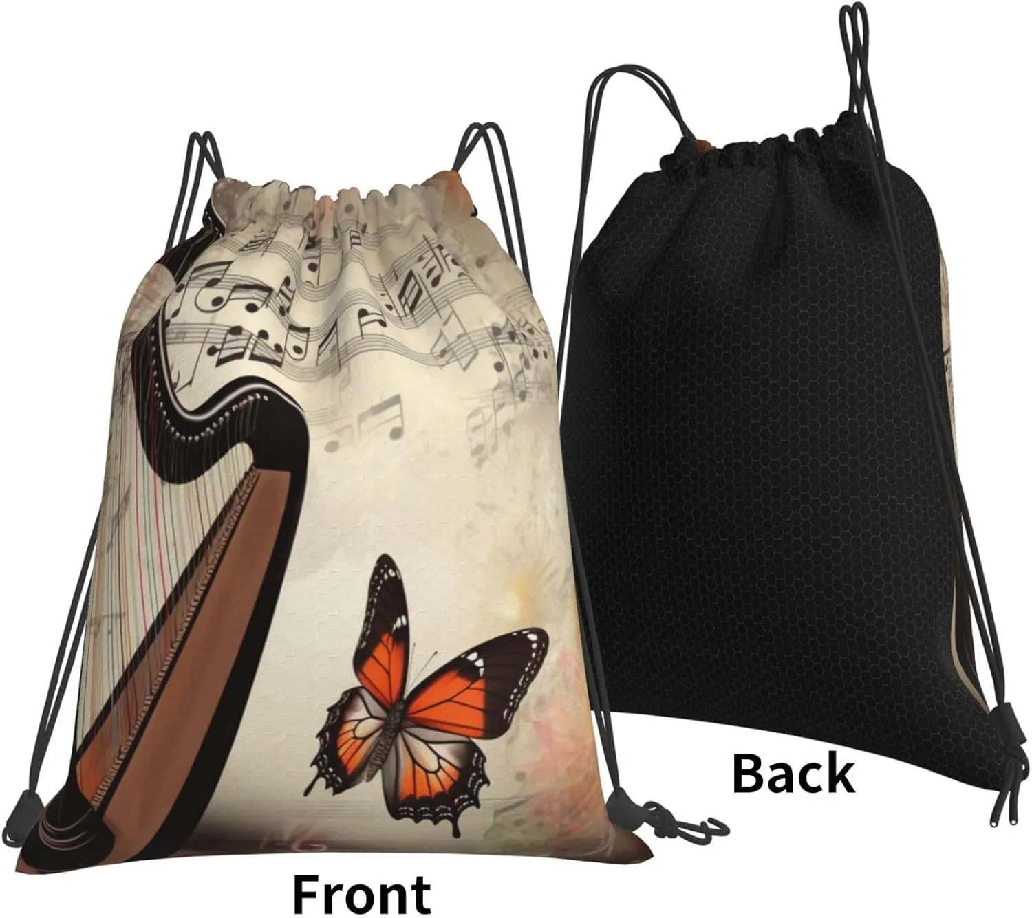 KHiry Drawstring Backpack Waterproof String Bag Harp and Butterfly Drawstring Sackpack Gym Bag for Man Woman