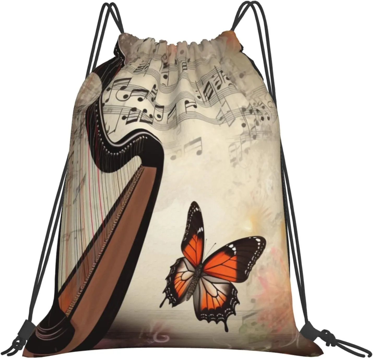 KHiry Drawstring Backpack Waterproof String Bag Harp and Butterfly Drawstring Sackpack Gym Bag for Man Woman