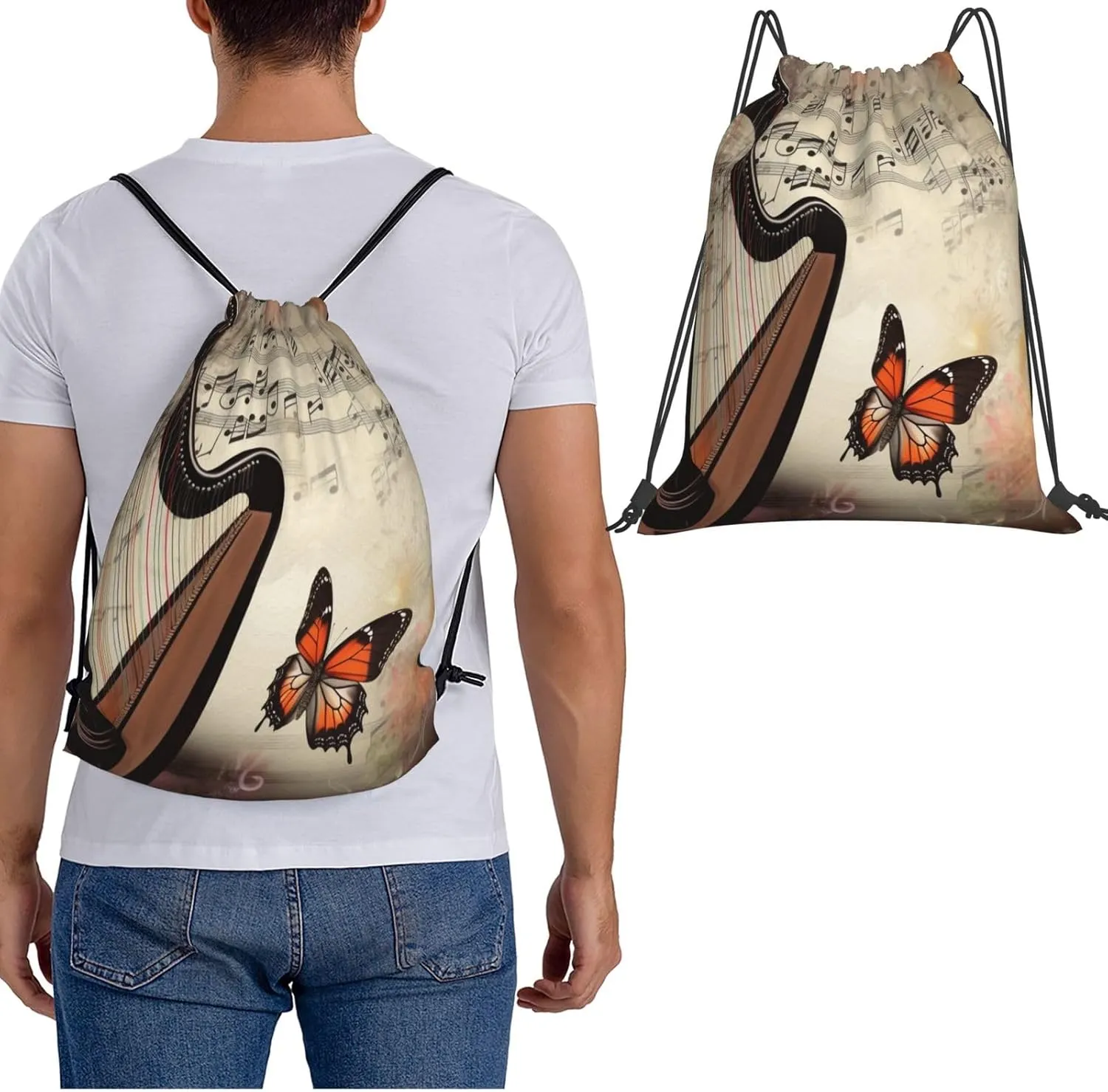 KHiry Drawstring Backpack Waterproof String Bag Harp and Butterfly Drawstring Sackpack Gym Bag for Man Woman