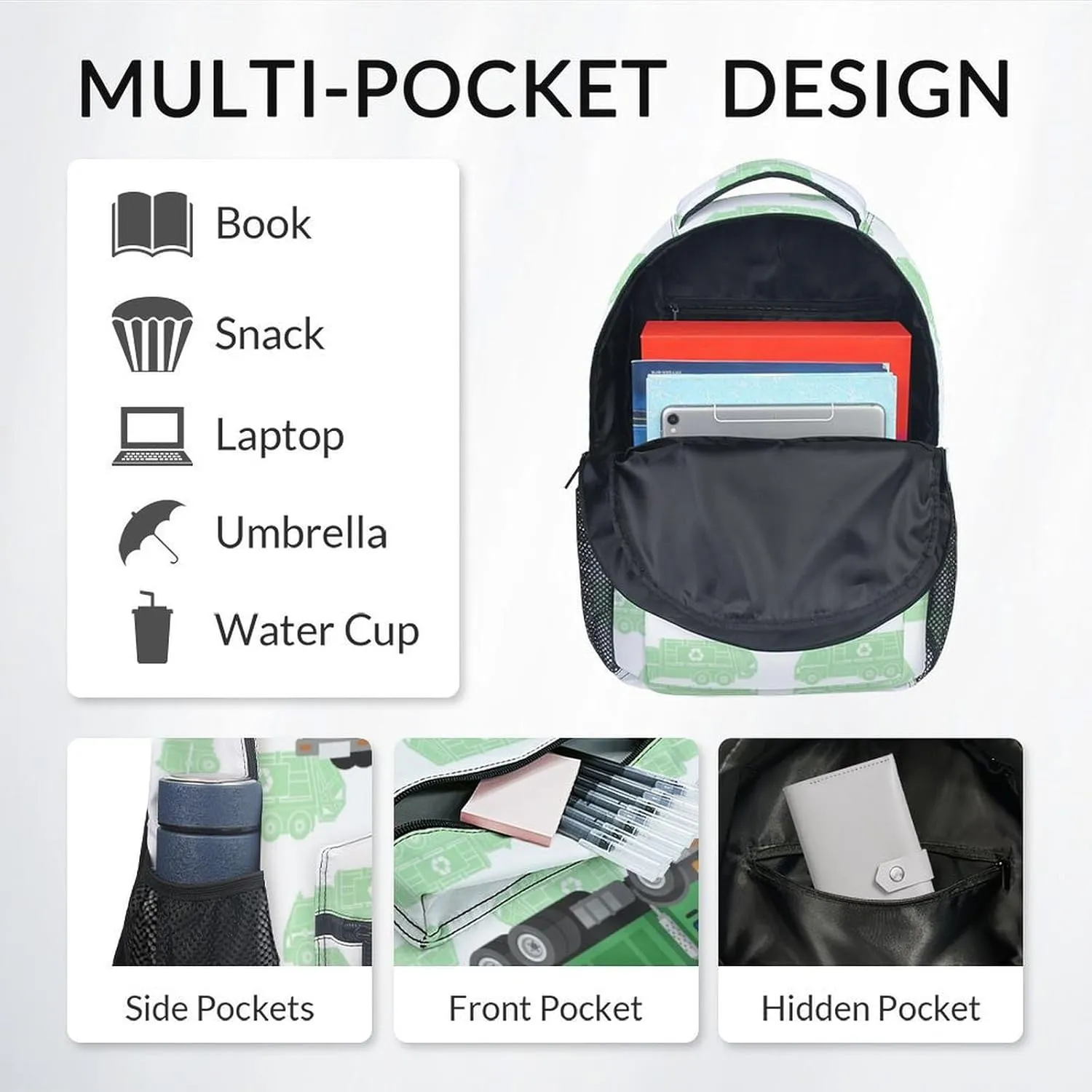 Kid Backpack for Boys - 17 Inch Garbage Truck School Backpack - Green Bookbag for School, Travel and Camp - Durable, Large Capacity, Lightweight